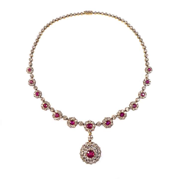 Cushion cut ruby and diamond cluster pendant necklace